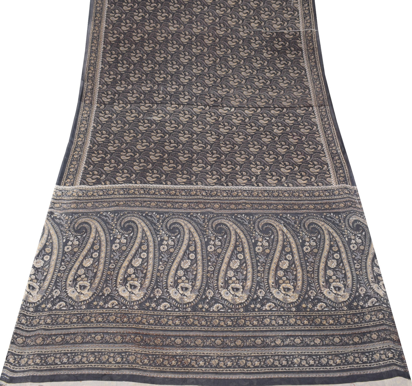 Sushila Vintage Gray Scrap Saree Pure Cotton Paisley Printed Sari Craft Fabric