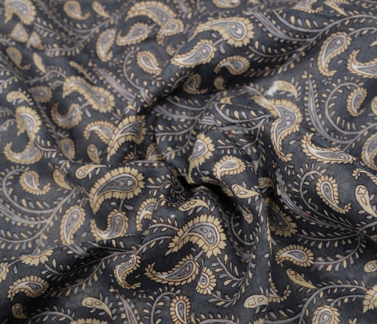 Sushila Vintage Gray Scrap Saree Pure Cotton Paisley Printed Sari Craft Fabric