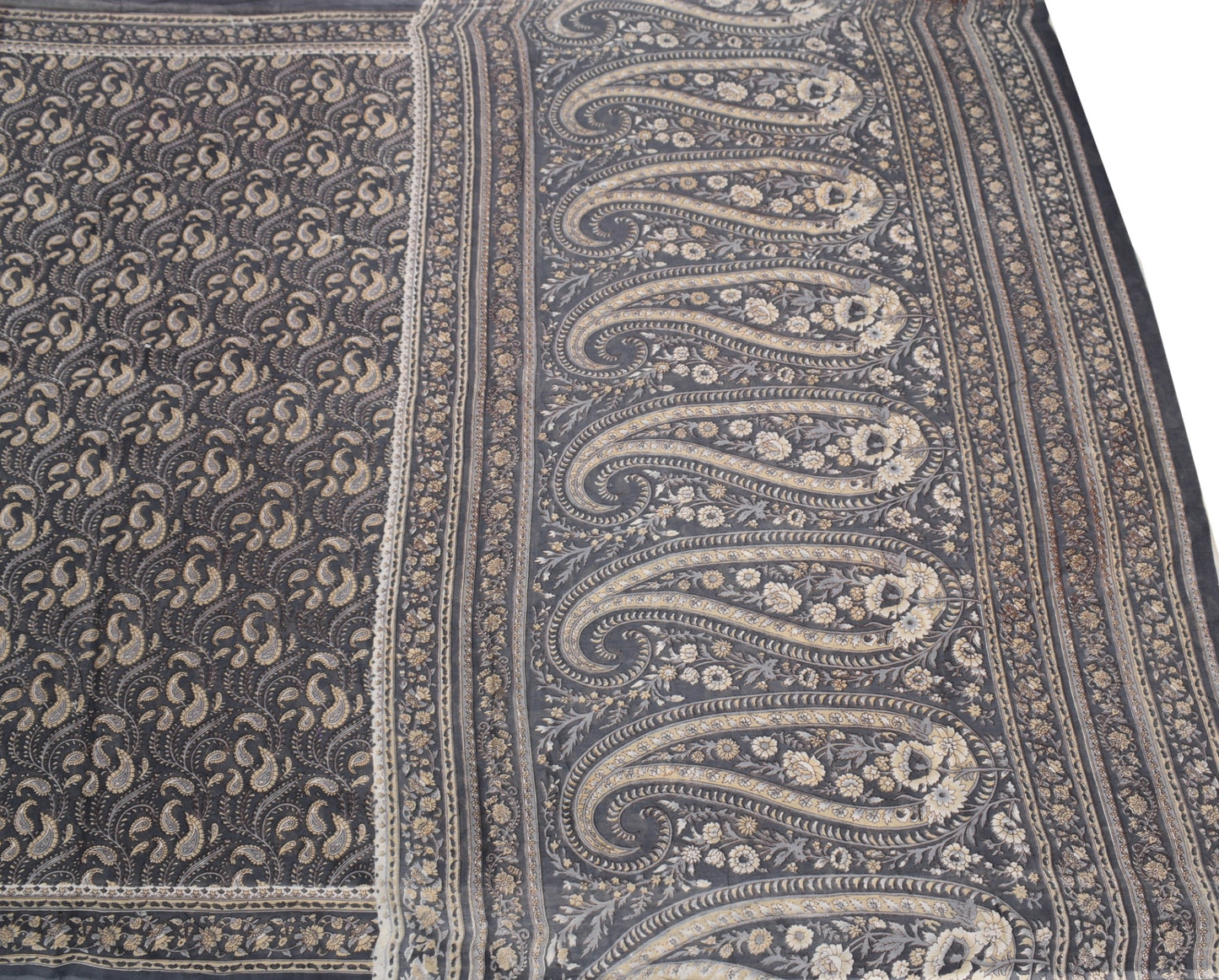 Sushila Vintage Gray Scrap Saree Pure Cotton Paisley Printed Sari Craft Fabric