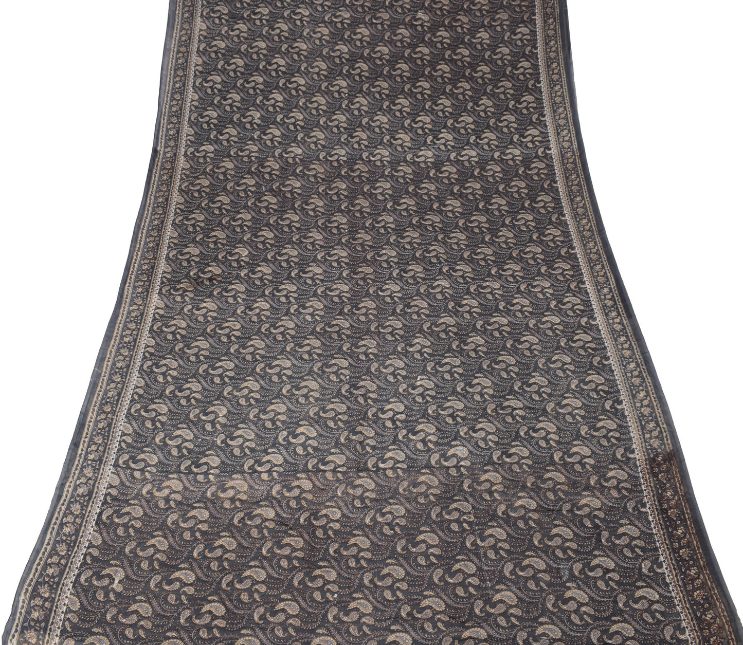 Sushila Vintage Gray Scrap Saree Pure Cotton Paisley Printed Sari Craft Fabric