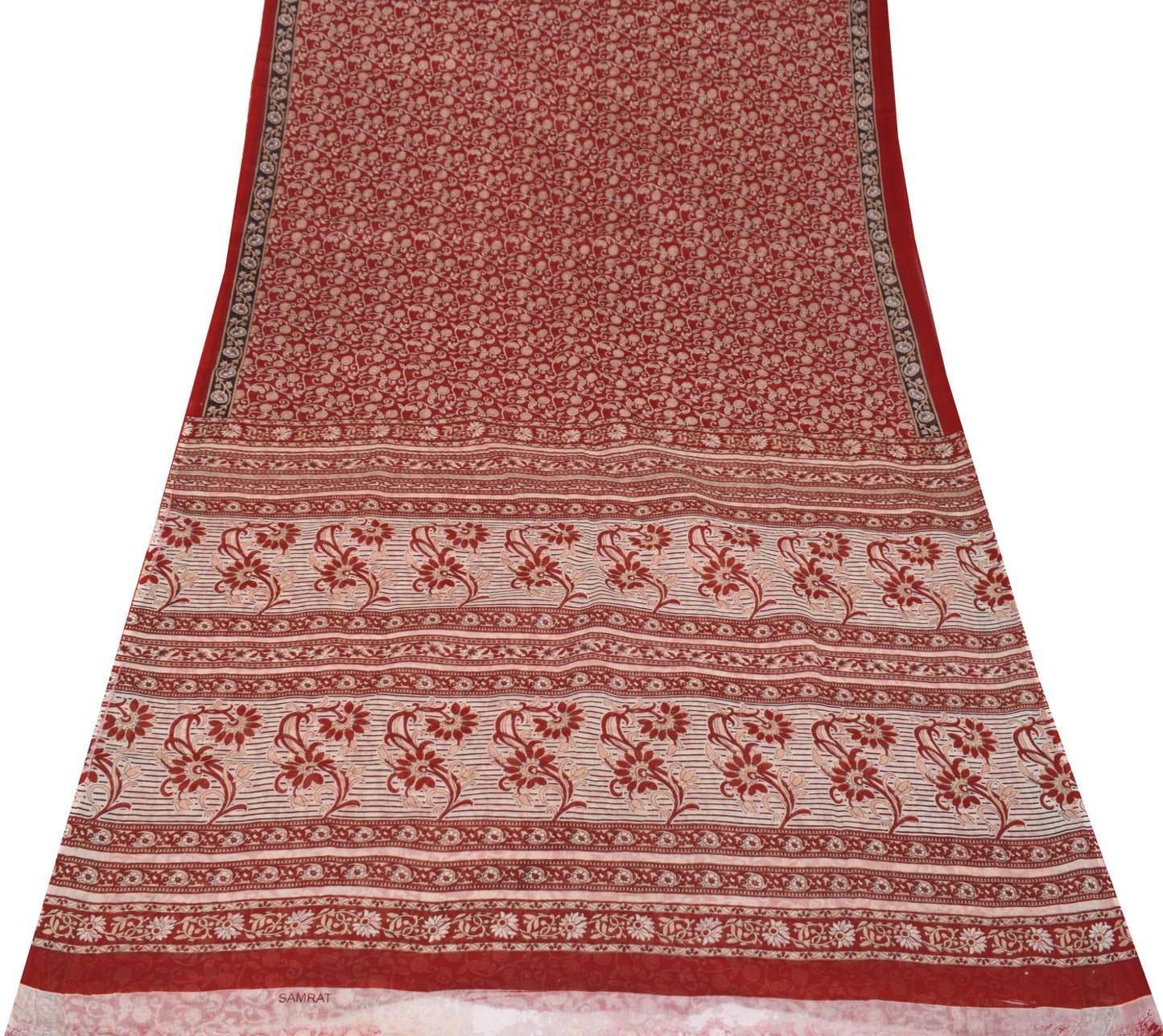 Sushila Vintage Floral Scrap Saree Pure Cotton Printed Red Indian Sari Fabric