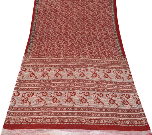 Sushila Vintage Floral Scrap Saree Pure Cotton Printed Red Indian Sari Fabric