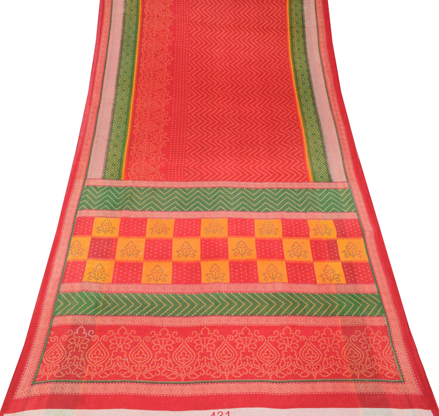 Sushila Vintage Red Scrap Saree Pure Cotton Bandhani Printed Sari Dress Fabric
