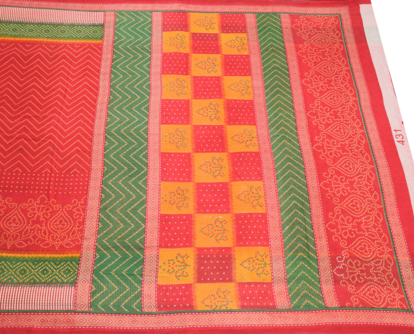 Sushila Vintage Red Scrap Saree Pure Cotton Bandhani Printed Sari Dress Fabric