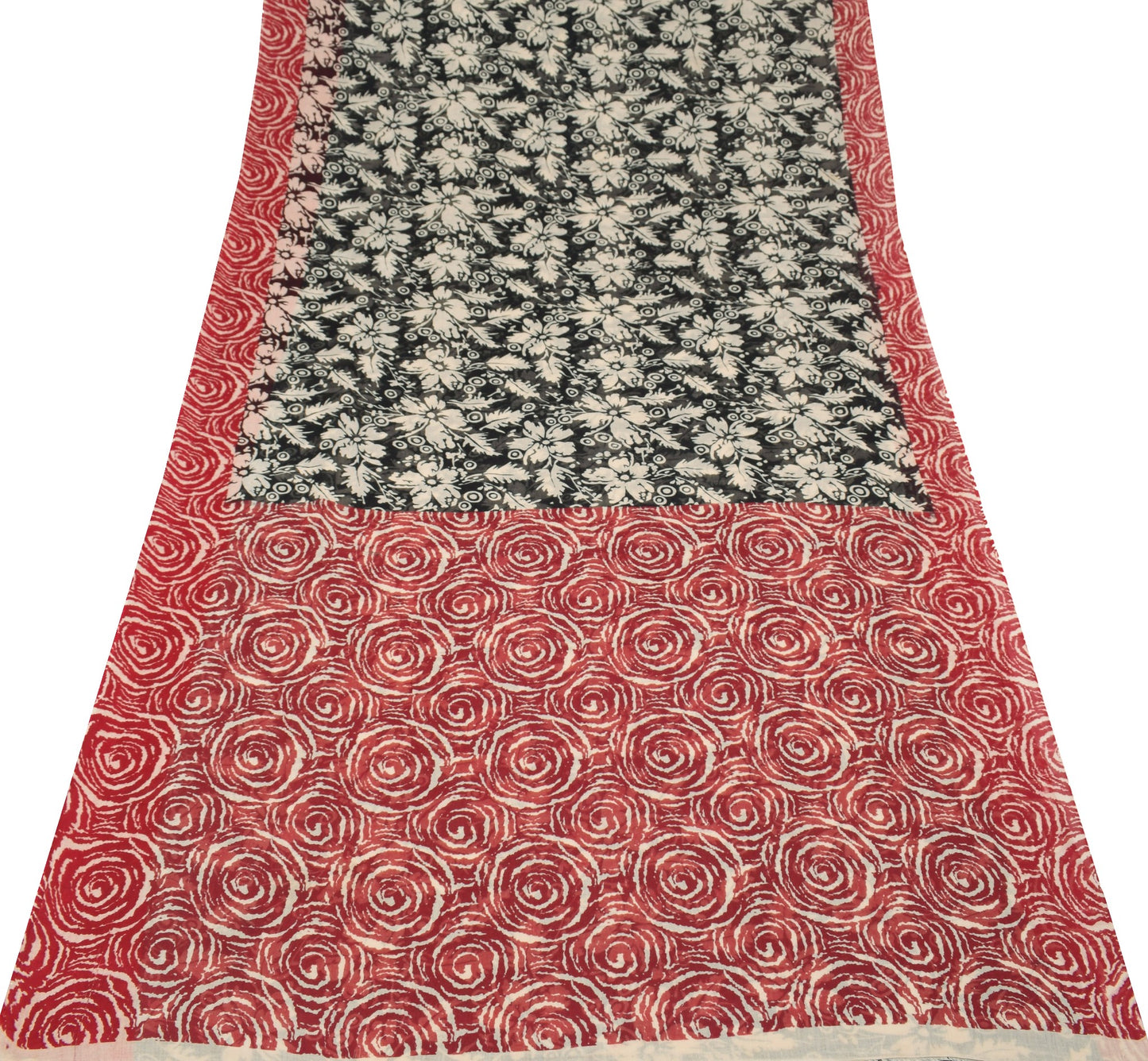Sushila Vintage Black Floral Scrap Saree Pure Cotton Printed Indian Sari Fabric