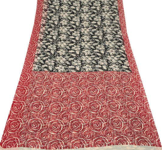 Sushila Vintage Black Floral Scrap Saree Pure Cotton Printed Indian Sari Fabric