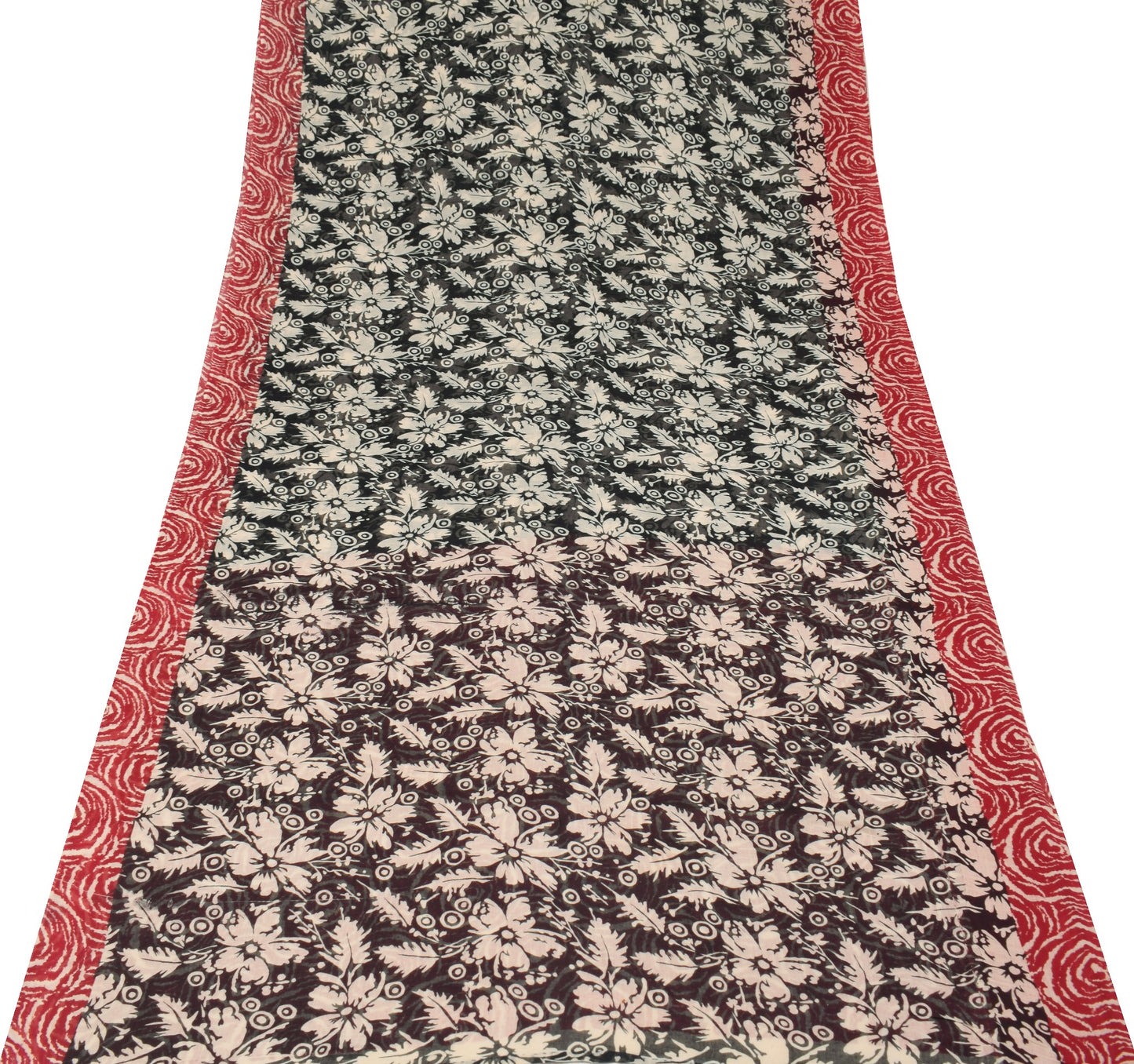 Sushila Vintage Black Floral Scrap Saree Pure Cotton Printed Indian Sari Fabric