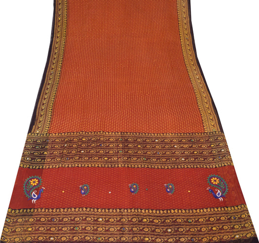 Sushila Vintage Red Scrap Saree Pure Cotton Printed & Embroidered Sari Fabric