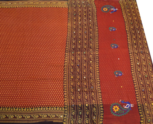 Sushila Vintage Red Scrap Saree Pure Cotton Printed & Embroidered Sari Fabric