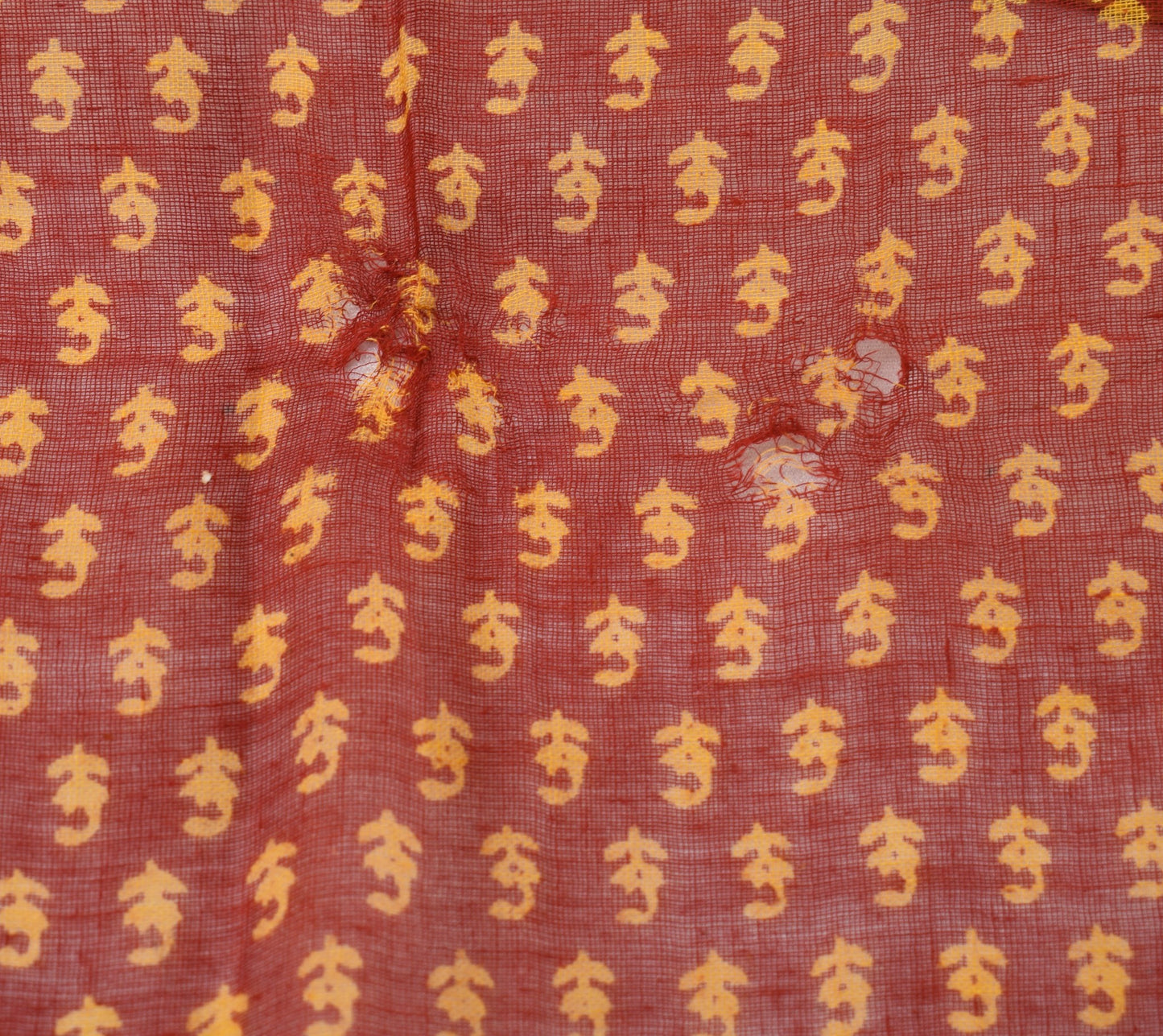 Sushila Vintage Red Scrap Saree Pure Cotton Printed & Embroidered Sari Fabric