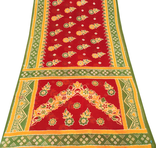 Sushila Vintage Red Scrap Saree Pure Cotton Printed Floral Indian Sari Fabric