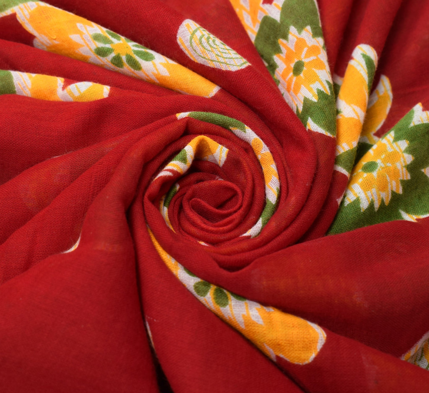 Sushila Vintage Red Scrap Saree Pure Cotton Printed Floral Indian Sari Fabric
