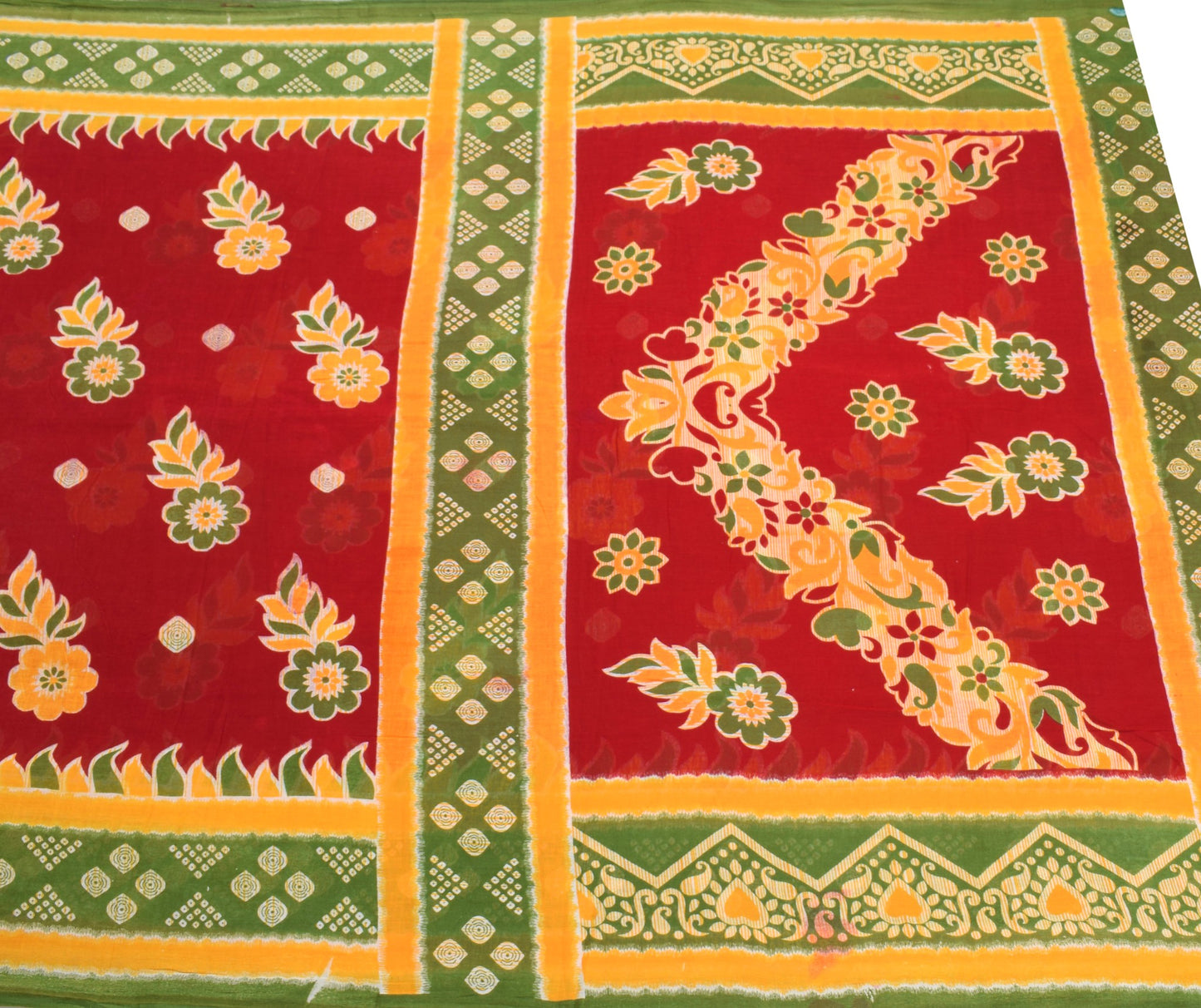 Sushila Vintage Red Scrap Saree Pure Cotton Printed Floral Indian Sari Fabric
