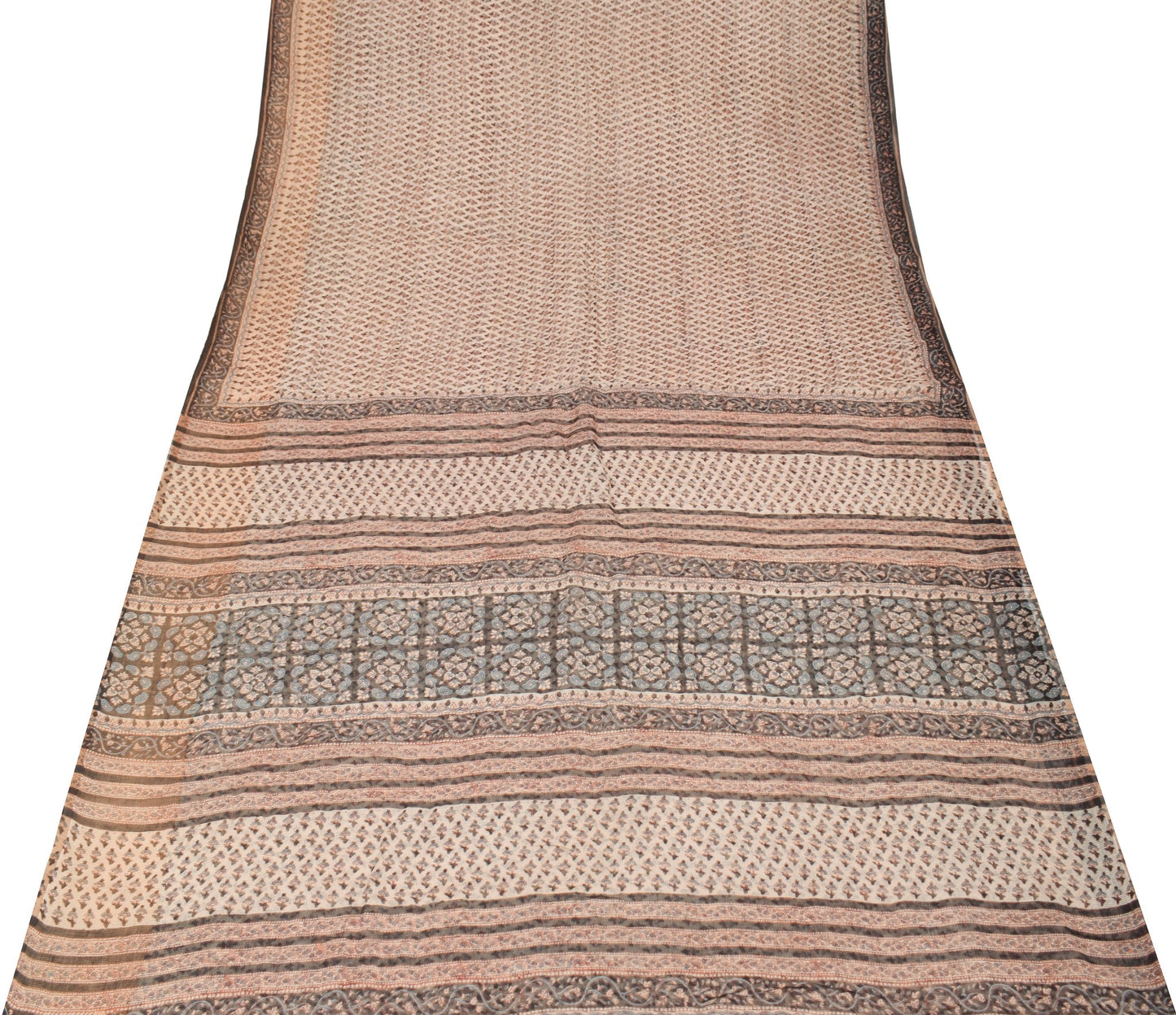 Sushila Vintage Cream Scrap Saree Pure Kota Doria Hand Block Printed Sari Fabric
