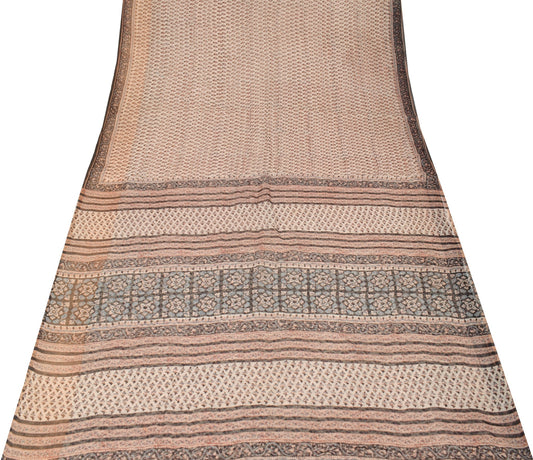 Sushila Vintage Cream Scrap Saree Pure Kota Doria Hand Block Printed Sari Fabric