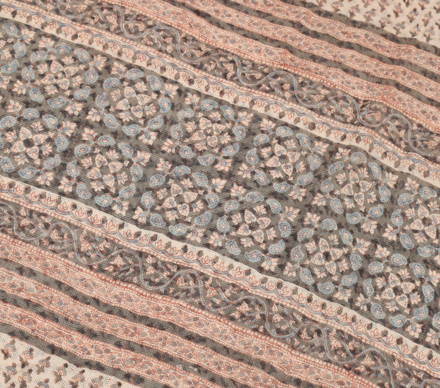 Sushila Vintage Cream Scrap Saree Pure Kota Doria Hand Block Printed Sari Fabric