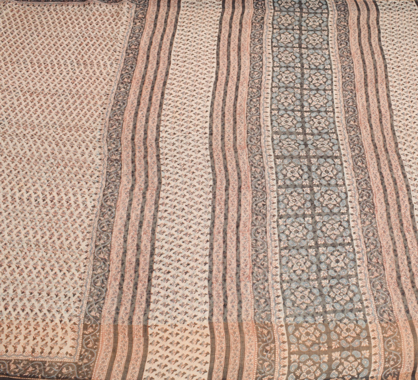 Sushila Vintage Cream Scrap Saree Pure Kota Doria Hand Block Printed Sari Fabric