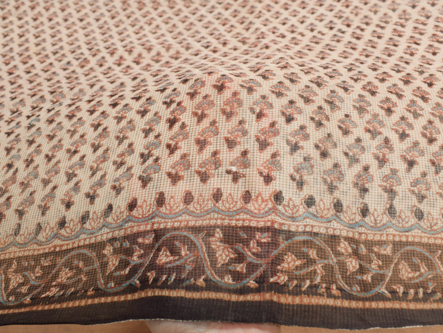 Sushila Vintage Cream Scrap Saree Pure Kota Doria Hand Block Printed Sari Fabric