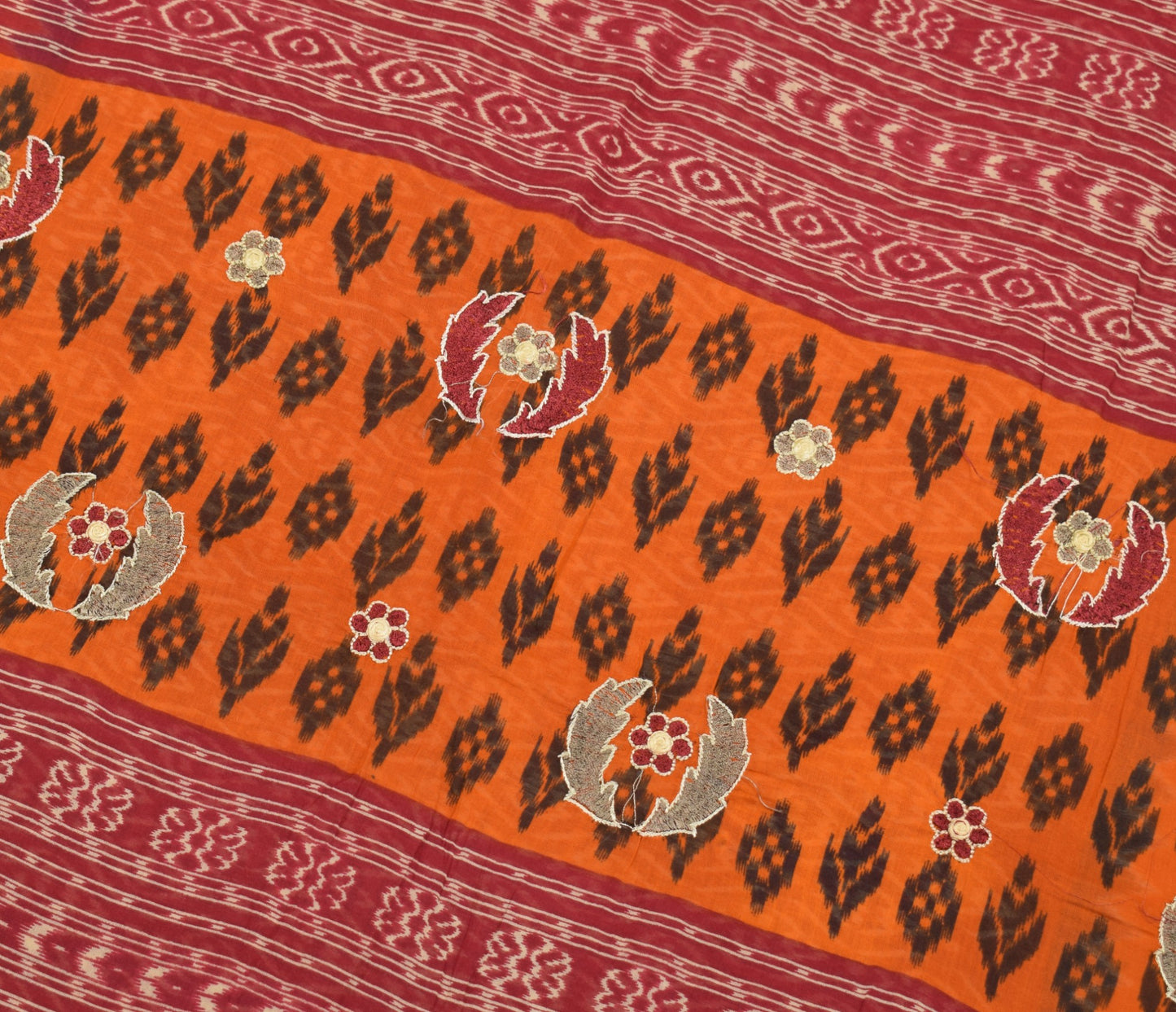 Sushila Vintage Maroon Scrap Saree Pure Cotton Printed & Embroidered Sari Fabric