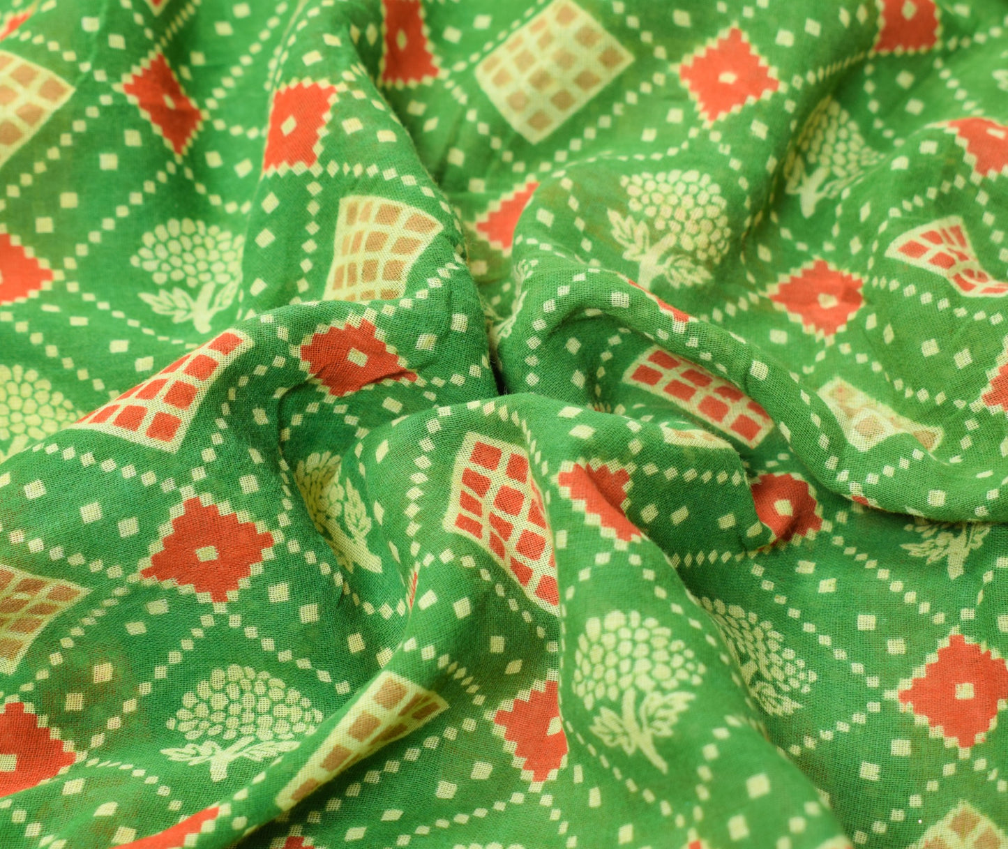 Sushila Vintage Green Scrap Saree Pure Cotton Printed Geometrical Sari Fabric
