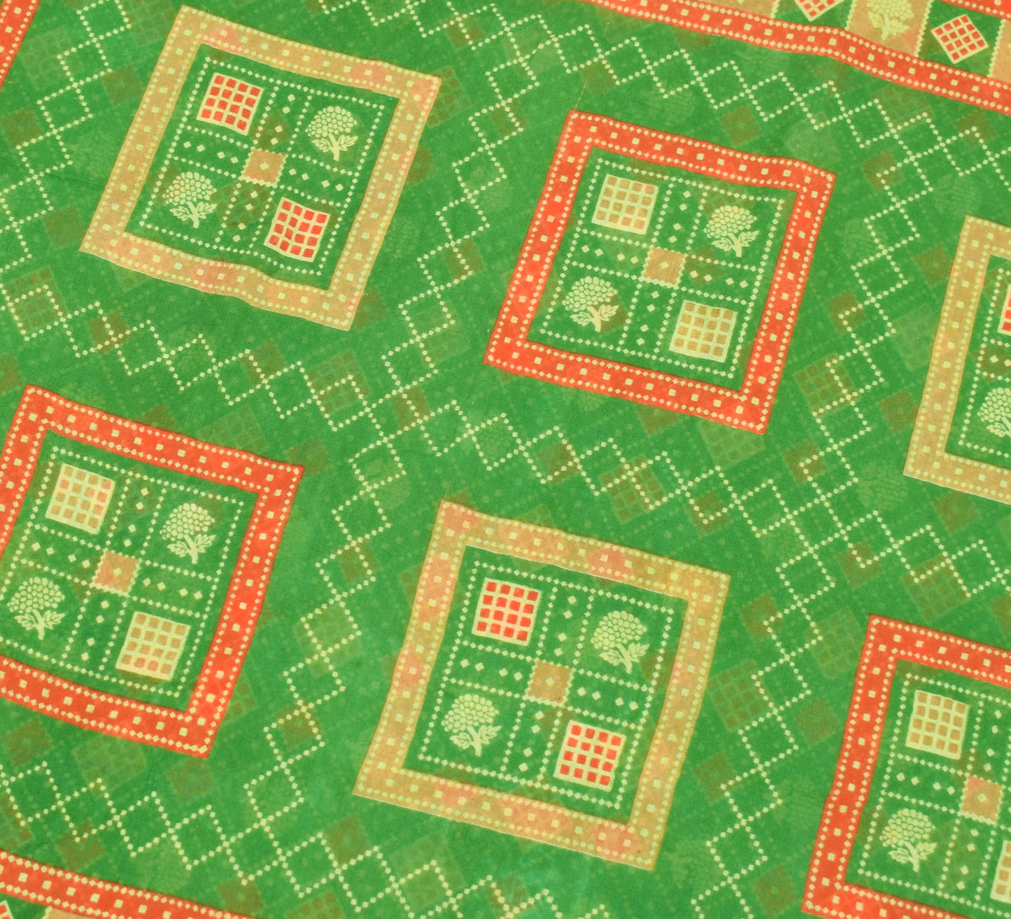 Sushila Vintage Green Scrap Saree Pure Cotton Printed Geometrical Sari Fabric