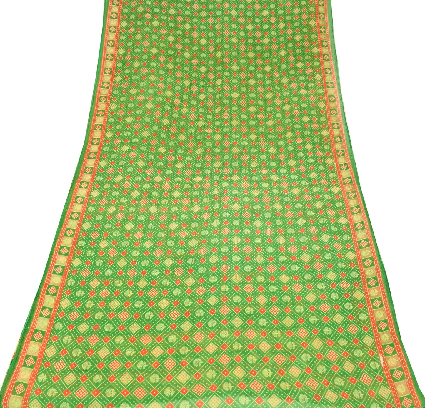 Sushila Vintage Green Scrap Saree Pure Cotton Printed Geometrical Sari Fabric