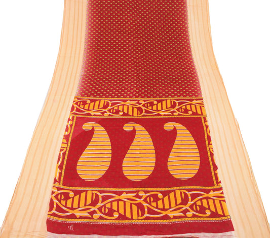 Sushila Vintage Red Scrap Saree Pure Cotton Printed Paisley Sari Remnant Fabric
