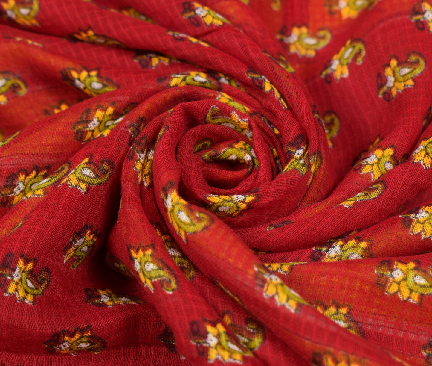 Sushila Vintage Red Scrap Saree Pure Cotton Printed Paisley Sari Remnant Fabric