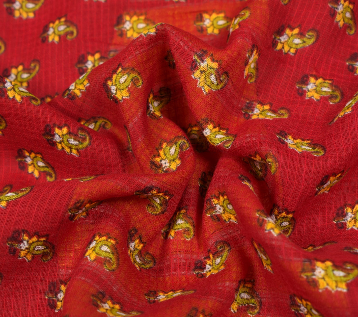 Sushila Vintage Red Scrap Saree Pure Cotton Printed Paisley Sari Remnant Fabric