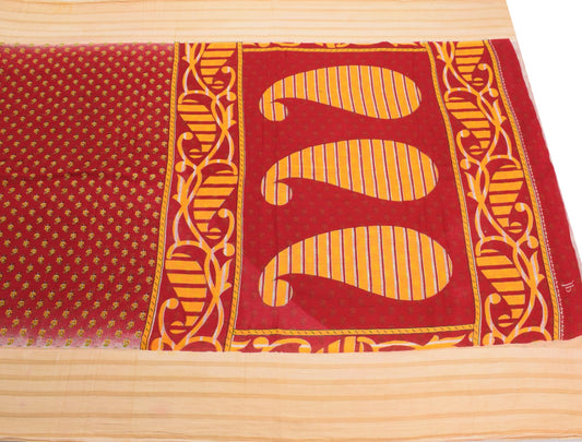 Sushila Vintage Red Scrap Saree Pure Cotton Printed Paisley Sari Remnant Fabric
