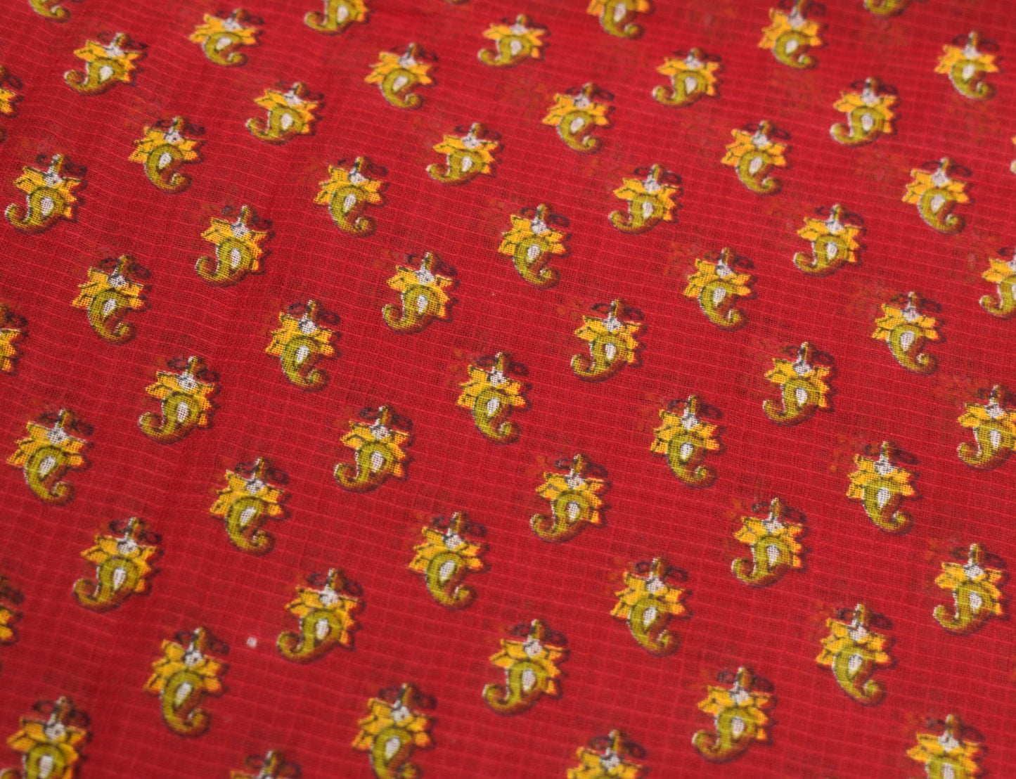 Sushila Vintage Red Scrap Saree Pure Cotton Printed Paisley Sari Remnant Fabric