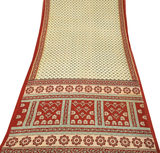 Sushila Vintage Cream Floral Scrap Saree Pure Cotton Printed Sari Craft Fabric