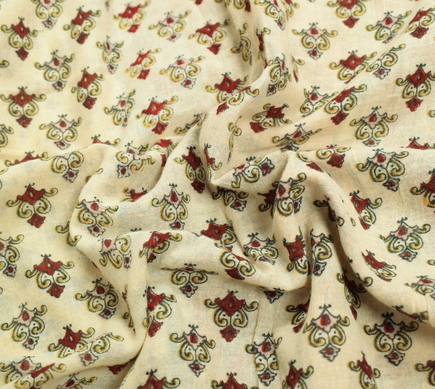 Sushila Vintage Cream Floral Scrap Saree Pure Cotton Printed Sari Craft Fabric