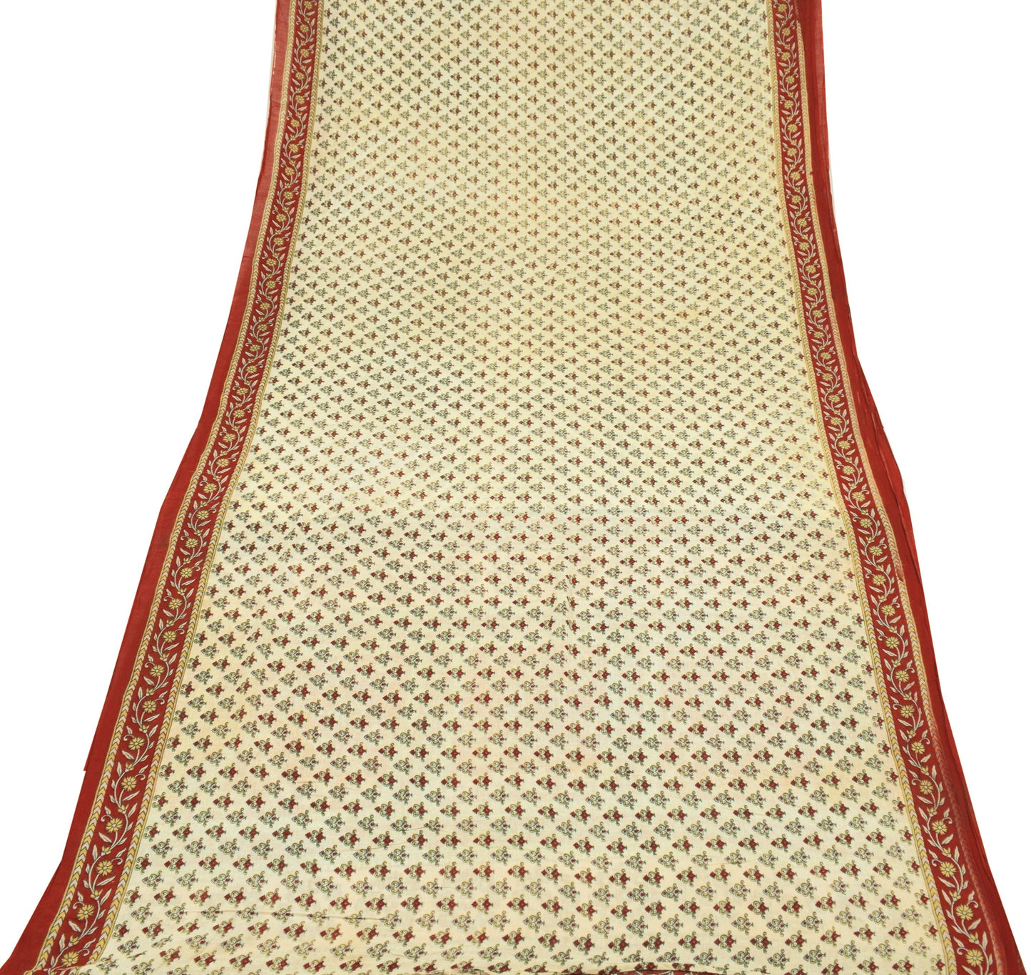 Sushila Vintage Cream Floral Scrap Saree Pure Cotton Printed Sari Craft Fabric