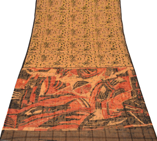 Sushila Vintage Peach Scrap Saree Pure Cotton Printed Indian Sari Craft Fabric