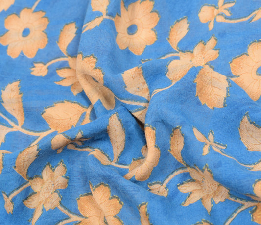 Sushila Vintage Floral Blue Scrap Saree Pure Cotton Printed Soft Sari Fabric