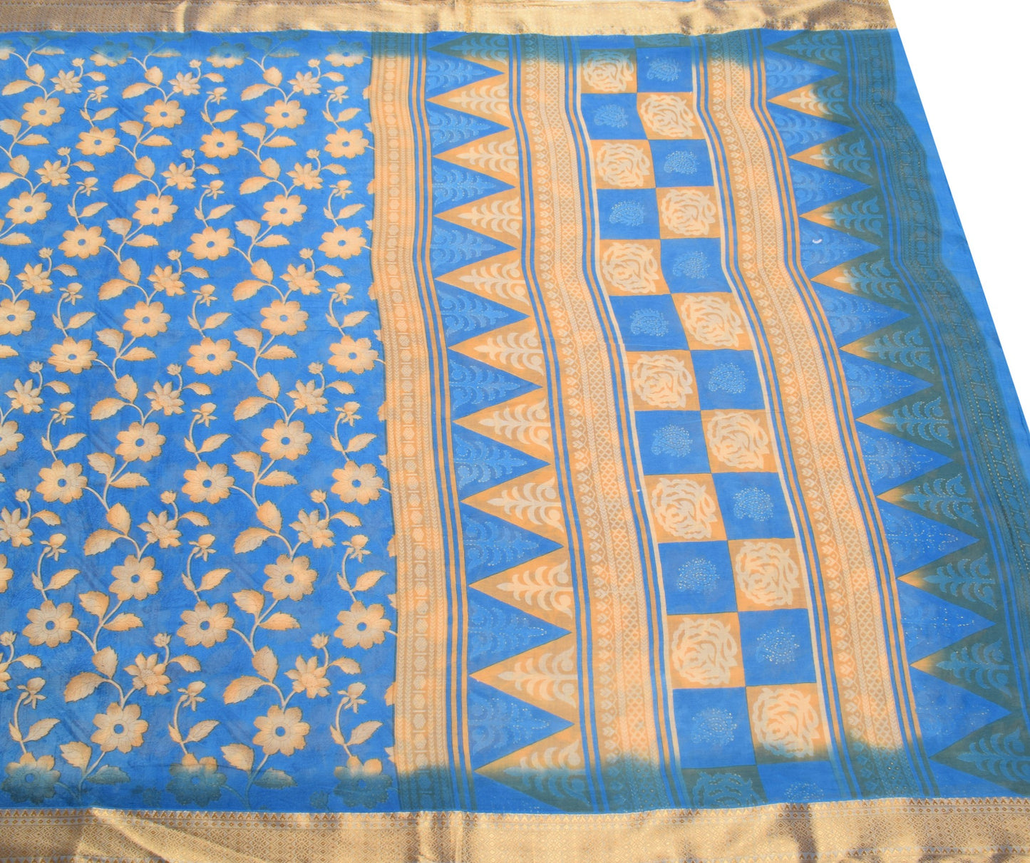Sushila Vintage Floral Blue Scrap Saree Pure Cotton Printed Soft Sari Fabric