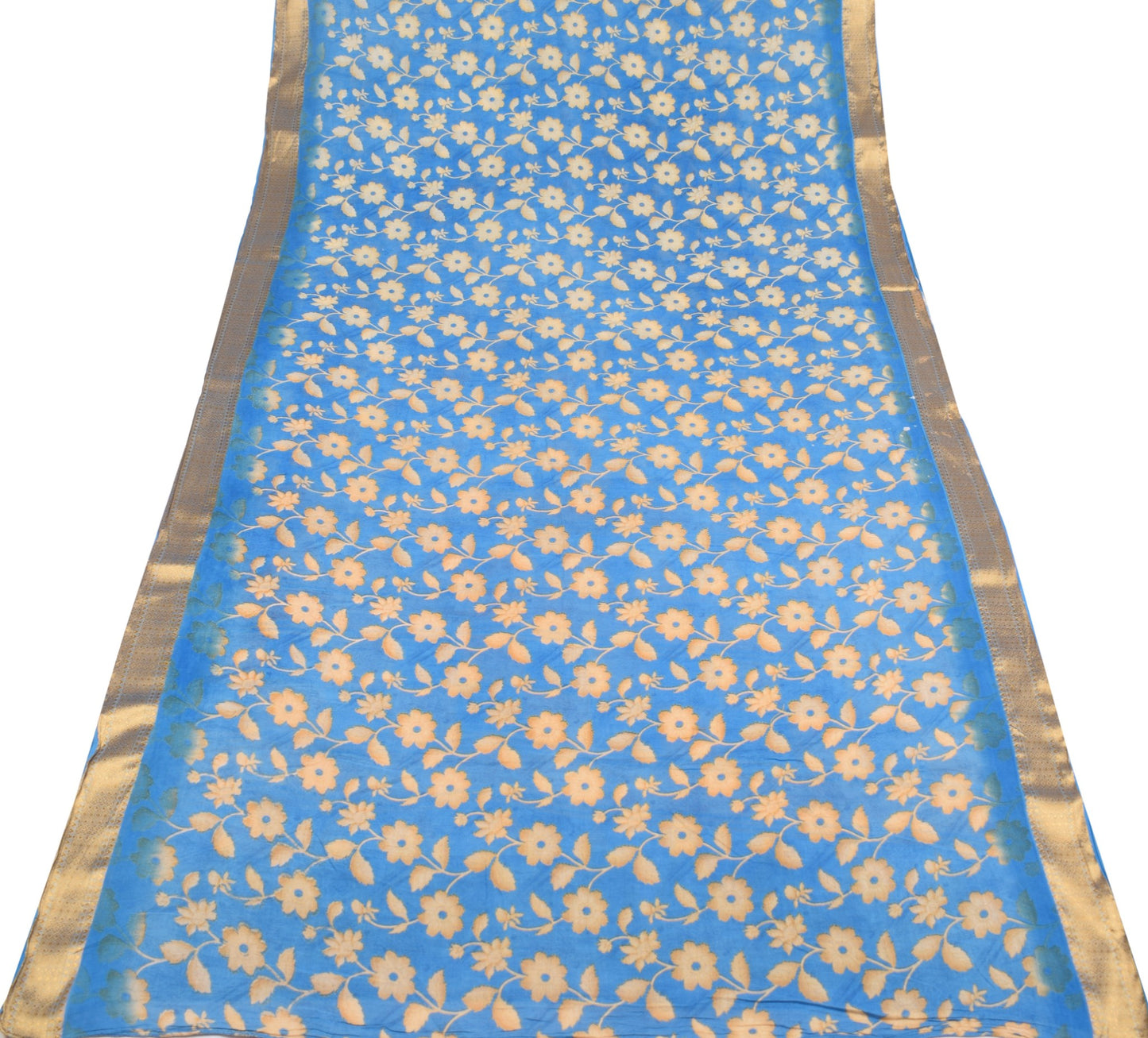 Sushila Vintage Floral Blue Scrap Saree Pure Cotton Printed Soft Sari Fabric