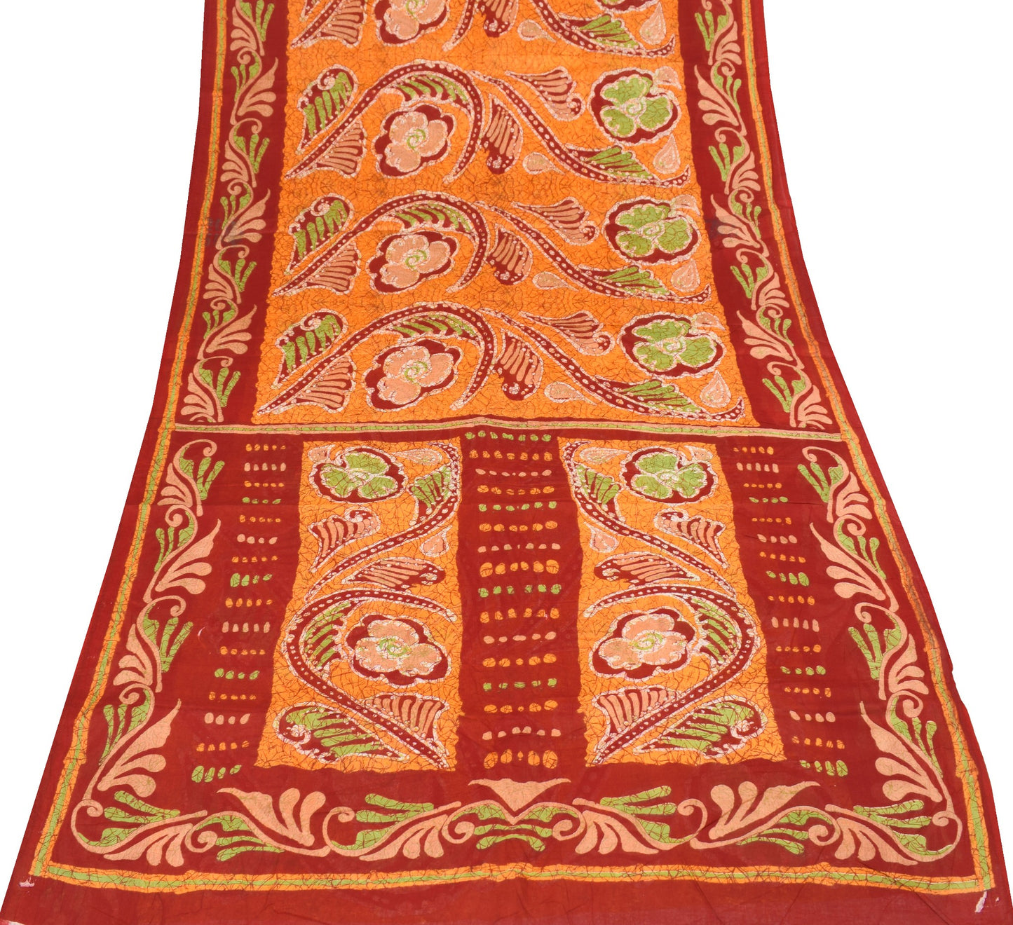 Sushila Vintage Red Orange Scrap Saree Pure Cotton Batik Printed 5YD Sari Fabric