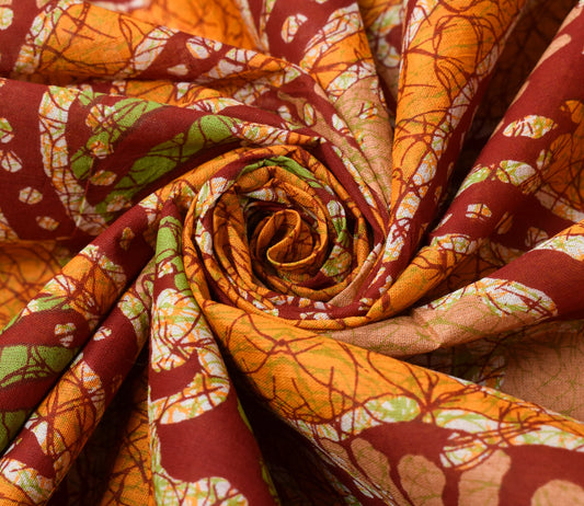 Sushila Vintage Red Orange Scrap Saree Pure Cotton Batik Printed 5YD Sari Fabric