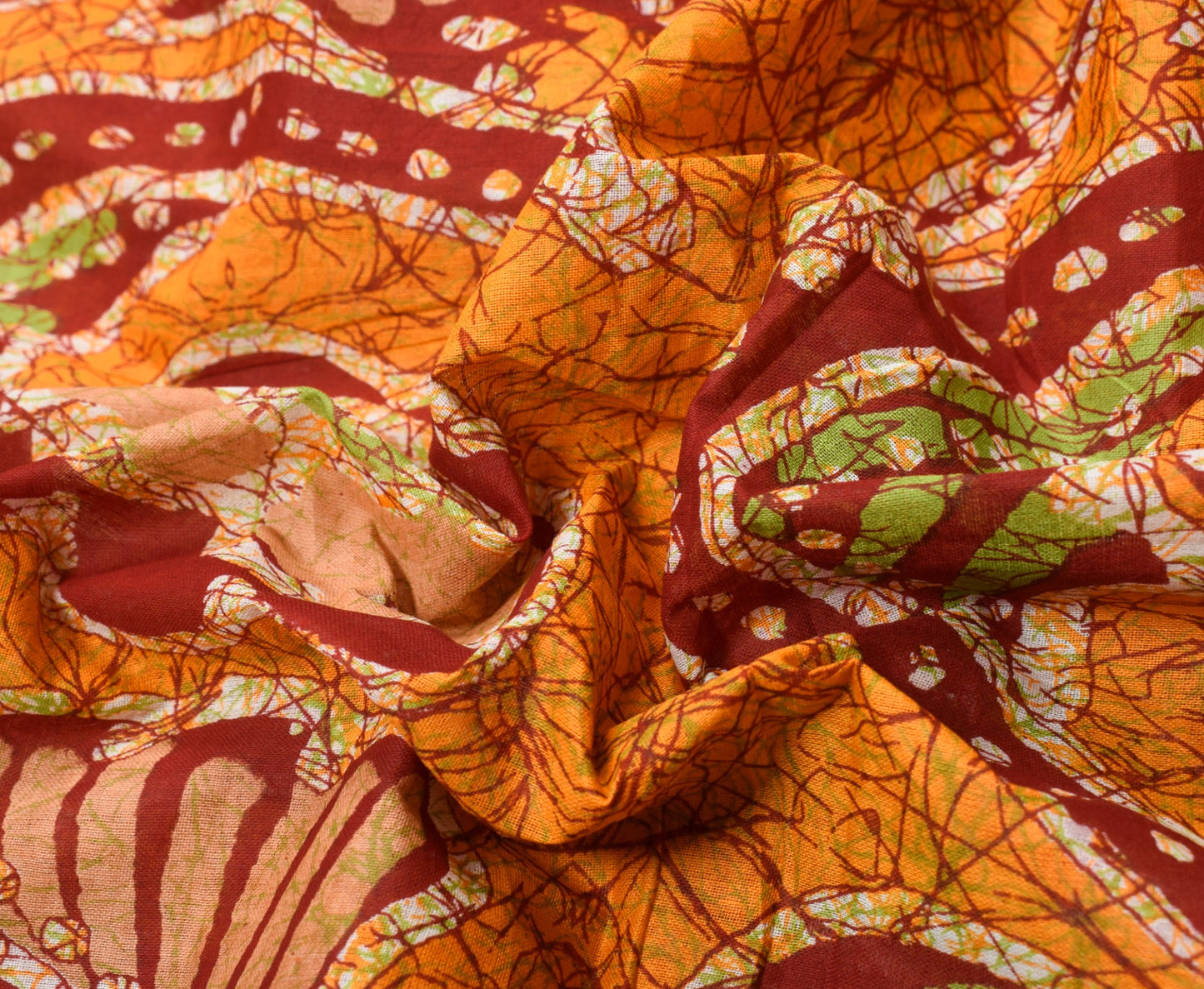 Sushila Vintage Red Orange Scrap Saree Pure Cotton Batik Printed 5YD Sari Fabric