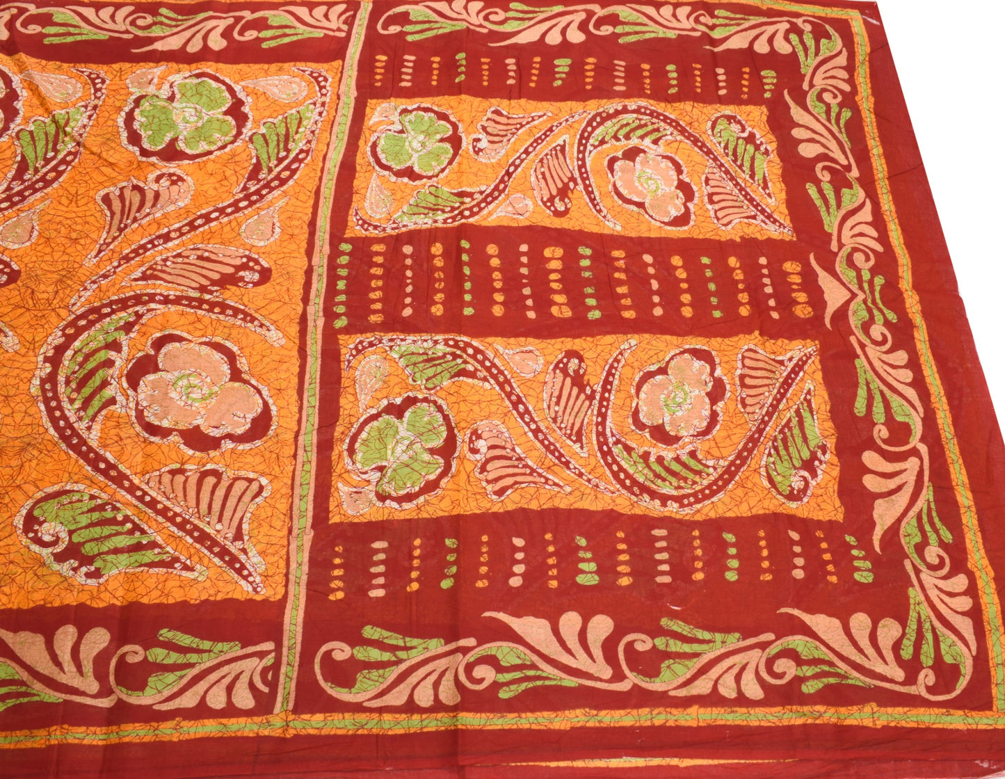 Sushila Vintage Red Orange Scrap Saree Pure Cotton Batik Printed 5YD Sari Fabric
