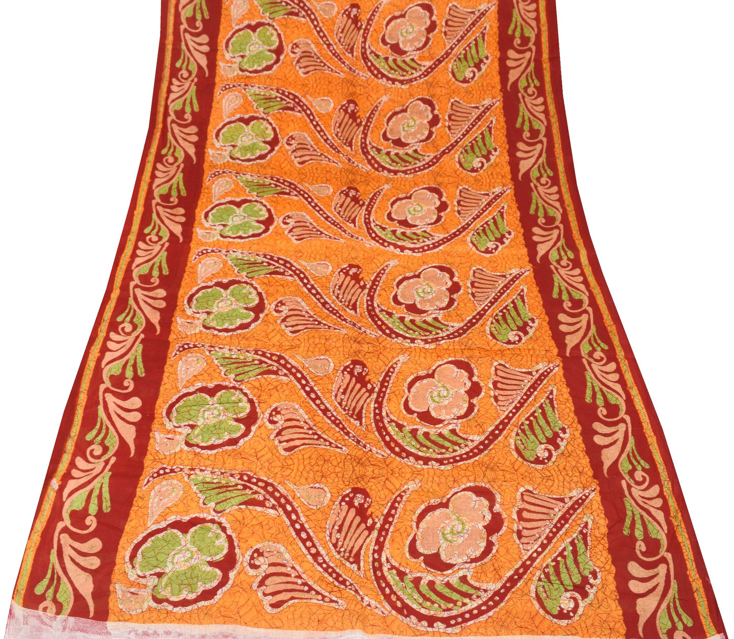 Sushila Vintage Red Orange Scrap Saree Pure Cotton Batik Printed 5YD Sari Fabric