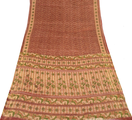 Sushila Vintage Brown Scrap Saree Pure Cotton Printed Indian Sari Craft Fabric