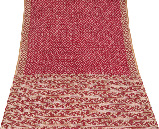Sushila Vintage Red Floral Scrap Saree Pure Cotton Printed Sari Remnant Fabric