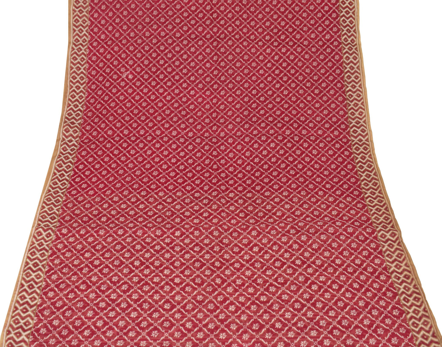 Sushila Vintage Red Floral Scrap Saree Pure Cotton Printed Sari Remnant Fabric