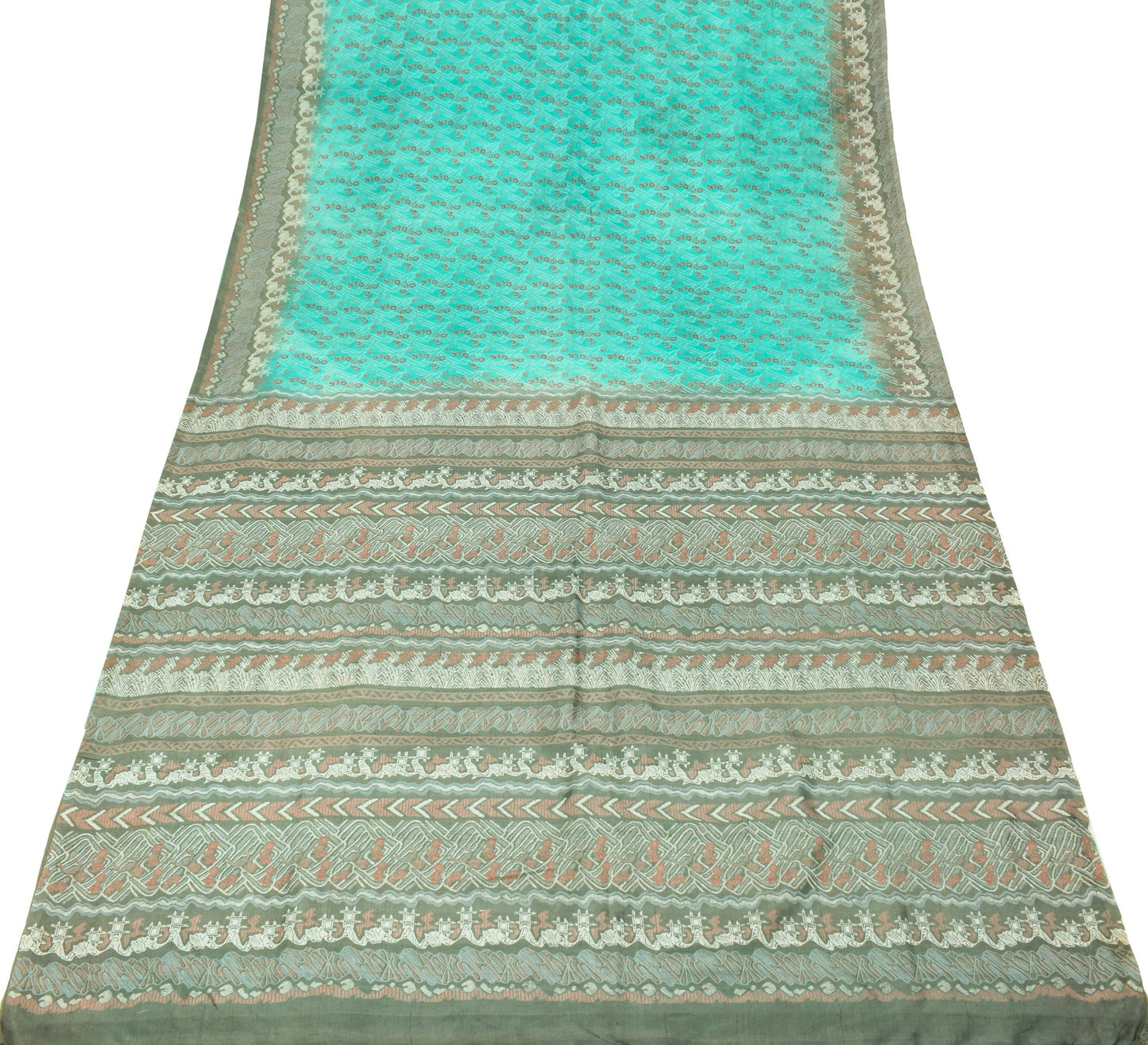Sushila Vintage Aqua Green Scrap Saree Pure Silk Printed Floral Remnant Sari