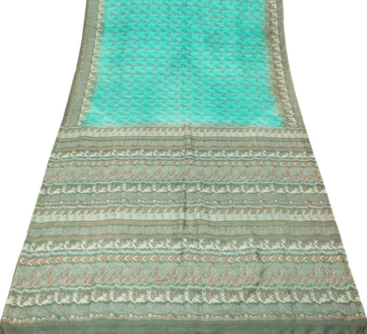 Sushila Vintage Aqua Green Scrap Saree Pure Silk Printed Floral Remnant Sari