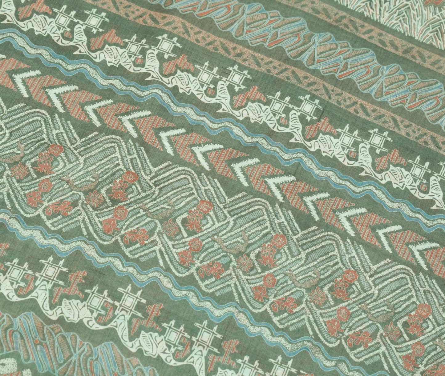 Sushila Vintage Aqua Green Scrap Saree Pure Silk Printed Floral Remnant Sari
