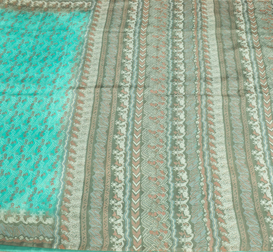 Sushila Vintage Aqua Green Scrap Saree Pure Silk Printed Floral Remnant Sari